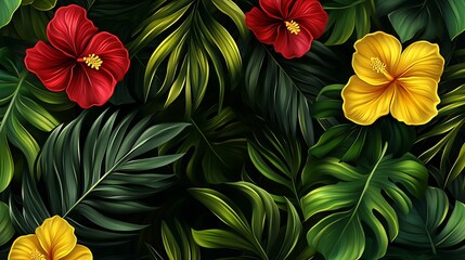 Vibrant tropical floral pattern with red and yellow hibiscus flowers and lush green leaves.