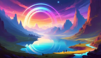 Vibrant river meandering through a colorful highland landscape under a neon sky