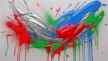 Wall Mural - silver ,red,blue ,green paint creates an abstract shape on a white canvas with a graffiti spray