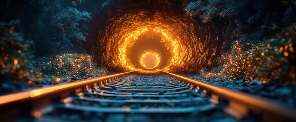 curved railway track leads into a dark tunnel illuminated by soft moody lighting the image encapsulates a sense of journey adventure and solitude in the unseen depths