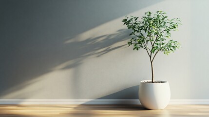 Poster - A potted plant with green leaves stands in a corner of a room with white walls and wooden floors.