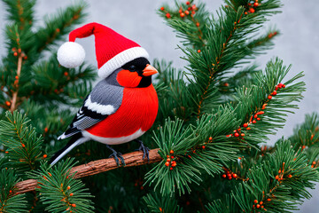 Wall Mural - Beautiful handmade knitted bullfinch in Santa hat on branch of Christmas tree decorated with berries. Homemade holiday gift for Christmas and New Year