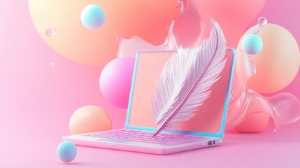 A white feather floats above an open laptop with a blue splash behind it, surrounded by pastel spheres against a pink background.