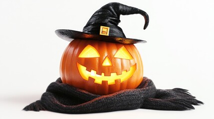 Wall Mural - Glowing carved Halloween pumpkin with witch hat and scarf isolated on white