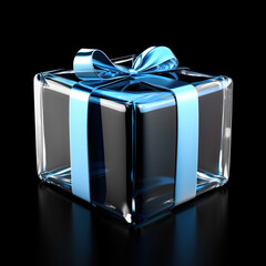 Transparent glass gift box with pastel blue ribbon and bow isolated on dark background. Creative Black Friday, Christmas, or birthday present concept. Surreal advertisement banner idea.