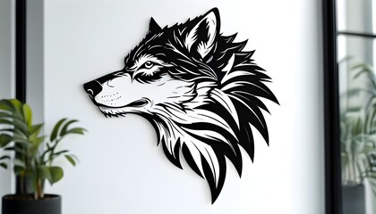 Wall Mural - sleek black and white wolf head logo with minimalist line-art silhouette against a clean white background