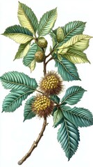 Wall Mural - Detailed illustration of Castanea sativa with leaves and fruits in spring