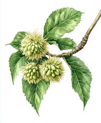 Wall Mural - Detailed illustration of Castanea sativa tree branches with developing nuts