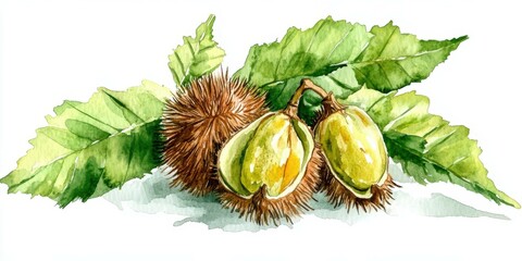 Wall Mural - Detailed watercolor illustration of Castanea sativa with foliage