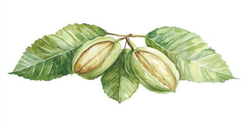 Wall Mural - Detailed illustration of Castanea sativa with leaves and nuts in autumn