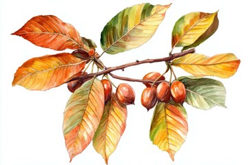 Wall Mural - Autumn branch of sweet chestnut with colorful leaves and ripe nuts