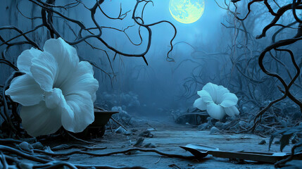 A dark forest with two white flowers and a full moon