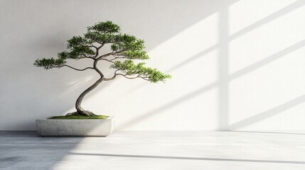 Canvas Print - A single bonsai tree with green leaves sits in a concrete pot on a white floor in a minimal interior space with sunlight coming through a window.