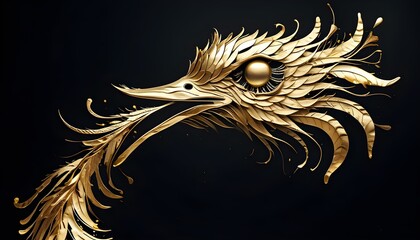 Wall Mural - Majestic dark gold metal phoenix rising against a striking black backdrop