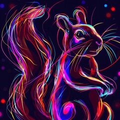  A colorful squirrel with a rainbow tail is the main focus of the image