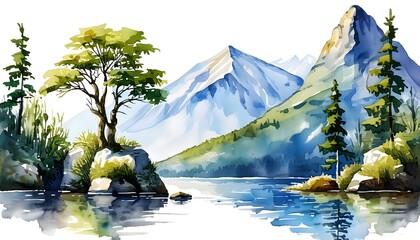 Wall Mural - Tranquil Mountain Landscape with Lush Trees and Serene Water in Watercolor Style on White Canvas