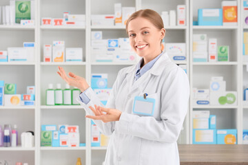 Sticker - Portrait of female pharmacist at pharmacy