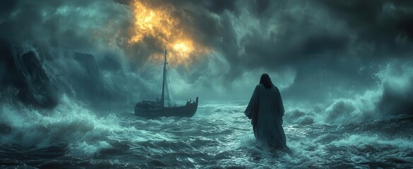 Wall Mural - dramatic scene of jesus walking on turbulent water towards a small boat with stormy skies and waves crashing symbolizing faith amidst chaos