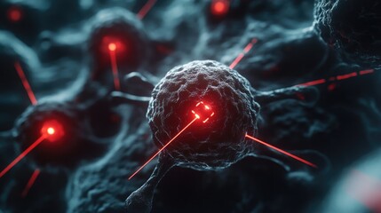 Wall Mural - a close-up of a cell with red lasers emanating from its core.