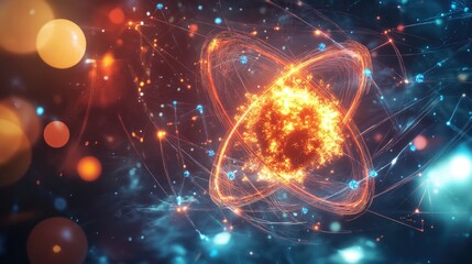 Wall Mural - abstract glowing atom with blue and orange energy rings.