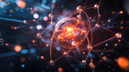 Wall Mural - abstract glowing atom with connected particles on a black background.