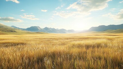 Wall Mural - A vast field of golden grass under a clear sky with mountains in the background.