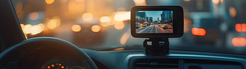Video recorder screen in the car interior. Recording of traffic situations for driving. Road safety concept.
