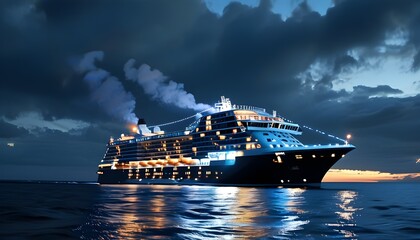 Wall Mural - Enchanting night voyage of a glowing cruise ship sailing over tranquil waters