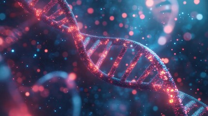 Wall Mural - a glowing, red and blue dna helix against a dark, blurred background with bokeh lights.