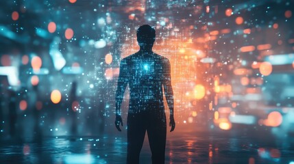 Wall Mural - a silhouette of a man with digital code glowing from within, standing in front of a blurry city ligh