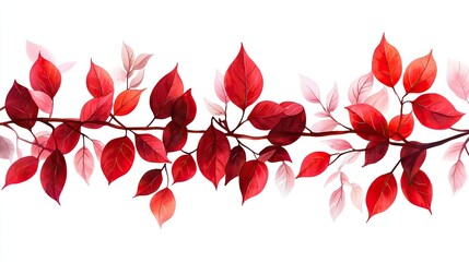 Colorful red leaves on a branch, white isolated background.