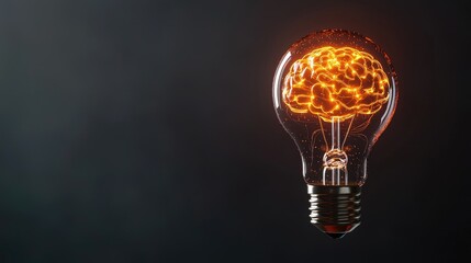 Wall Mural - light bulb with glowing brain symbolizing ideas and innovation, dark background.