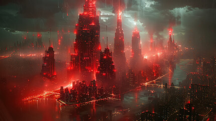 Canvas Print - a futuristic cityscape with red hues, glowing skyscrapers, and a misty atmosphere. the scene is illu