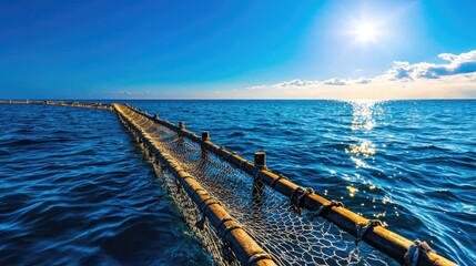 Wall Mural - scenic view of serene ocean with a wooden pier under a clear blue sky.