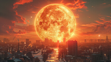 Wall Mural - large orange moon is in the sky above a city. the city is lit up at night, with the moon casting a w