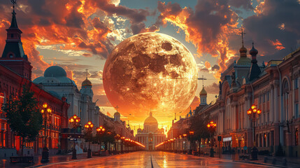 Wall Mural - a stunning cityscape illuminated by a giant orange moon, casting a warm glow over the skyline and cr