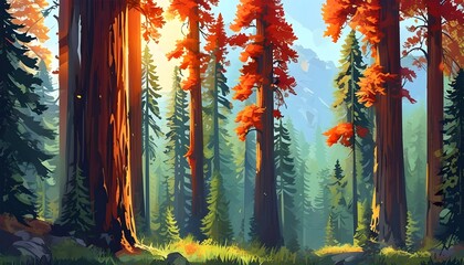 Poster - Majestic Sequoia Tree Forest Illustration in Serene Natural Landscape