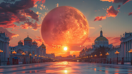 Wall Mural - a stunning cityscape illuminated by a giant orange moon, casting a warm glow over the skyline and cr