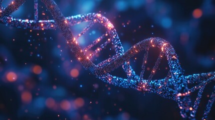 Wall Mural - a glowing blue and orange dna helix against a blurred blue and red background.