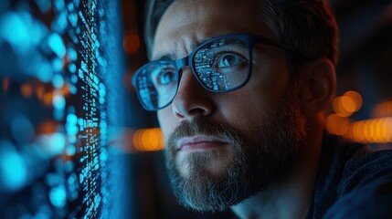 Close-up of a man wearing glasses with blue digital reflections, staring intensely at a screen filled with data and code in a dark room