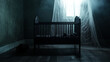 © Bonsales - Eerie, abandoned crib, old nursery, haunted baby room, dark, creepy atmosphere, vintage infant bed, spooky concept