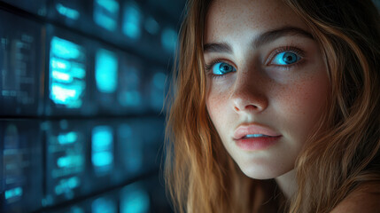 Close-up portrait of a young woman with blue eyes, illuminated by the glow of a digital screen in a futuristic data-driven environment, showcasing technology and human interaction