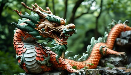 Majestic Chinese dragon sculpture nestled in lush green forest symbolizing the 2024 Year of the Wood Dragon