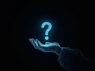 hologram of hand holding question mark on black background