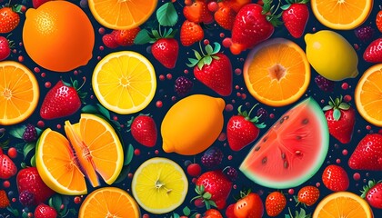 Wall Mural - Vibrant summer fruit pattern featuring colorful bursts of oranges, lemons, strawberries, and watermelons, capturing the refreshing essence of the season