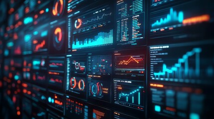 Wall Mural - business intelligence analyst dashboard on virtual screen. big data graphs charts. analysis data. ul