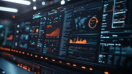Wall Mural - business intelligence analyst dashboard on virtual screen. big data graphs charts. analysis data. ul