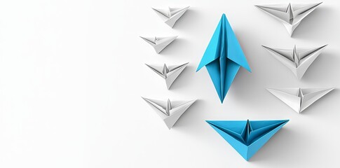 An arrow-shaped group of paper boats with a blue leader going in the same direction - 3D illustration