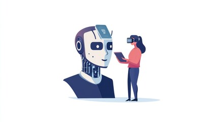 A woman wearing VR glasses looks at a robotic head with a tablet.