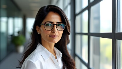 Elegant Indian professional woman with glasses in a modern office, showcasing a polished look and serene expression beside a vast window.